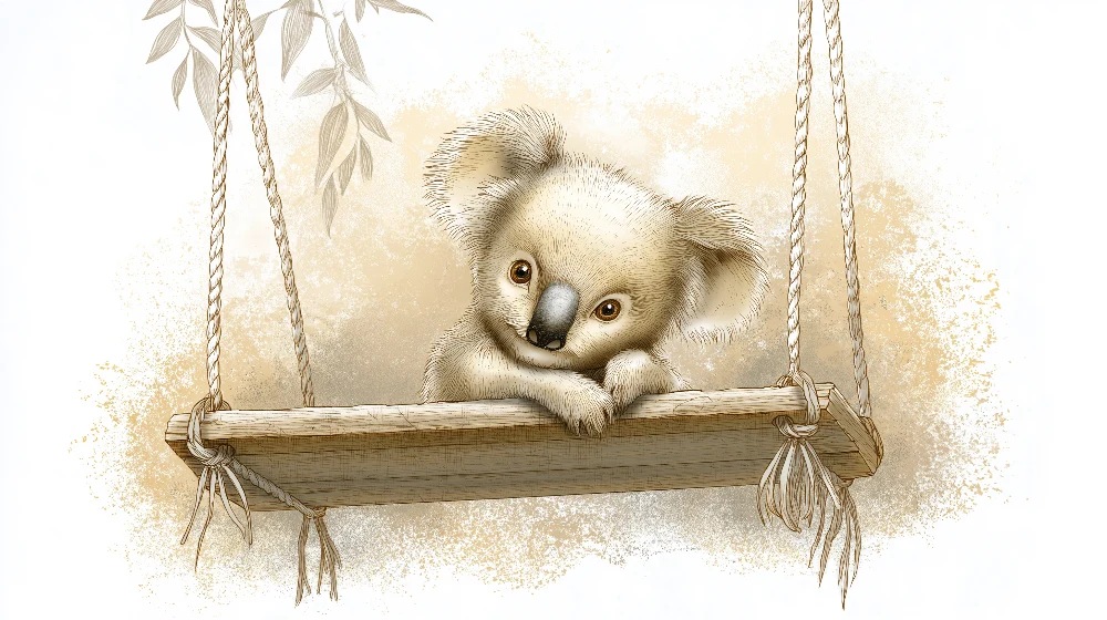 Tapet barnerom | Søt koala på en huske i en myk setting