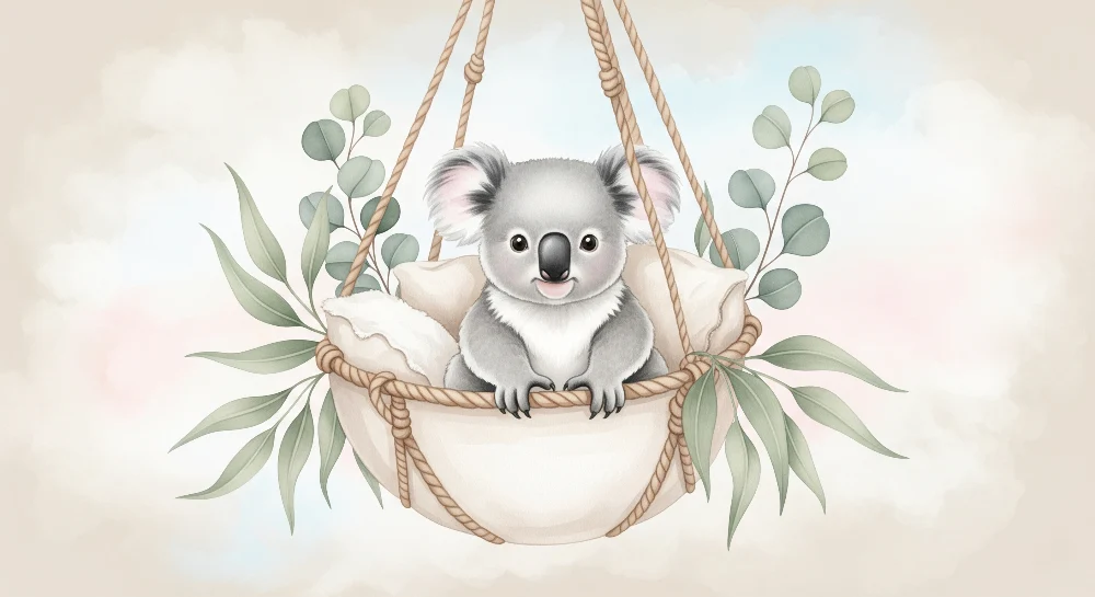 Tapet barnerom | Søt koala i en kurv