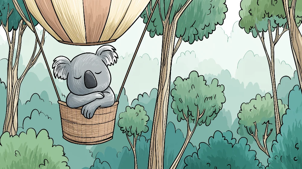 Tapet barnerom | Koala i en kurv over skogen