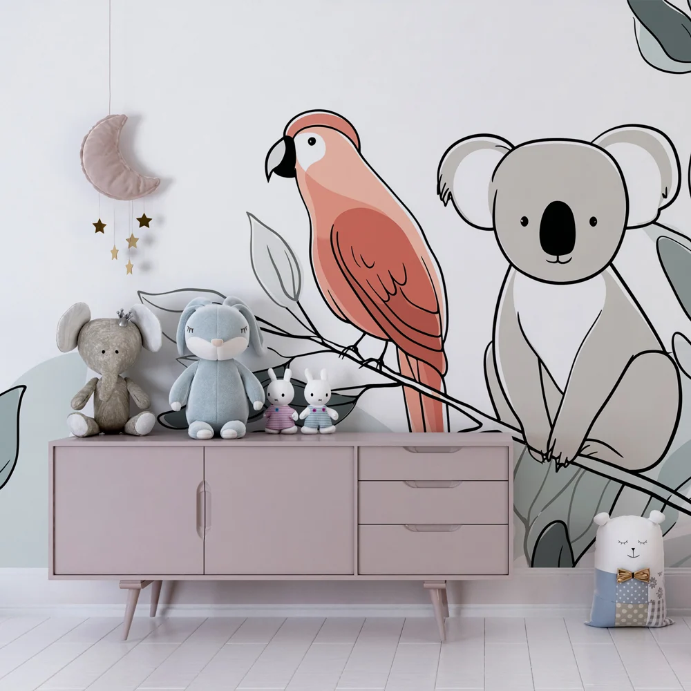 Tapet barnerom | Koala og papegøye på bladbakgrunn