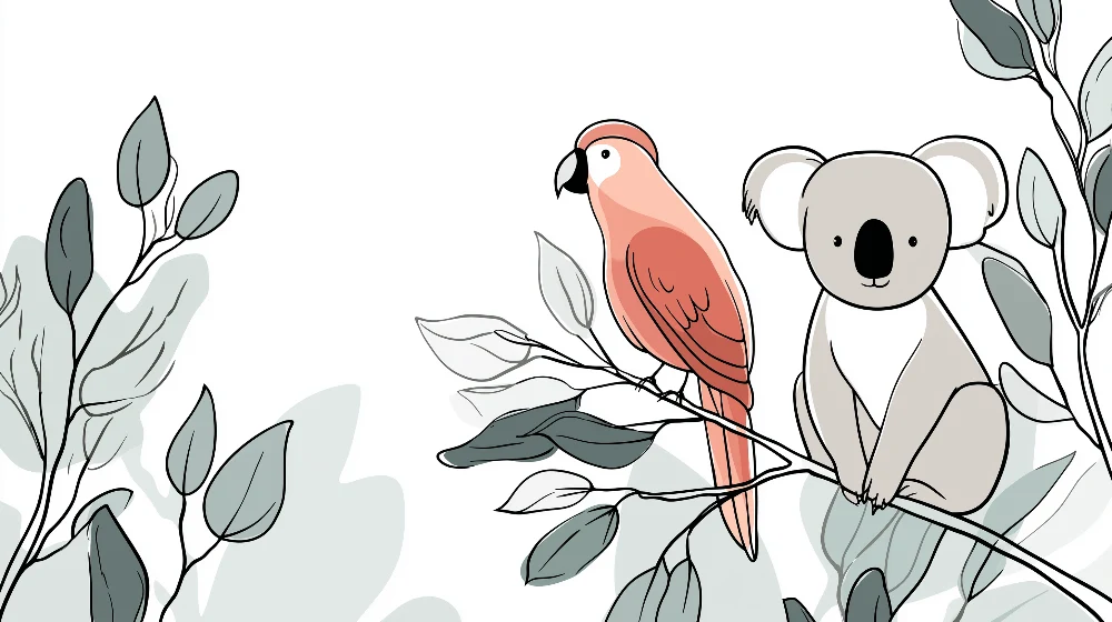 Tapet barnerom | Koala og papegøye på bladbakgrunn