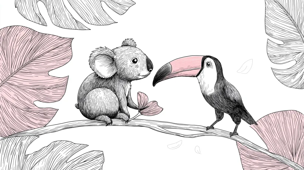 Tapet barnerom | Søt koala og tukan på en gren
