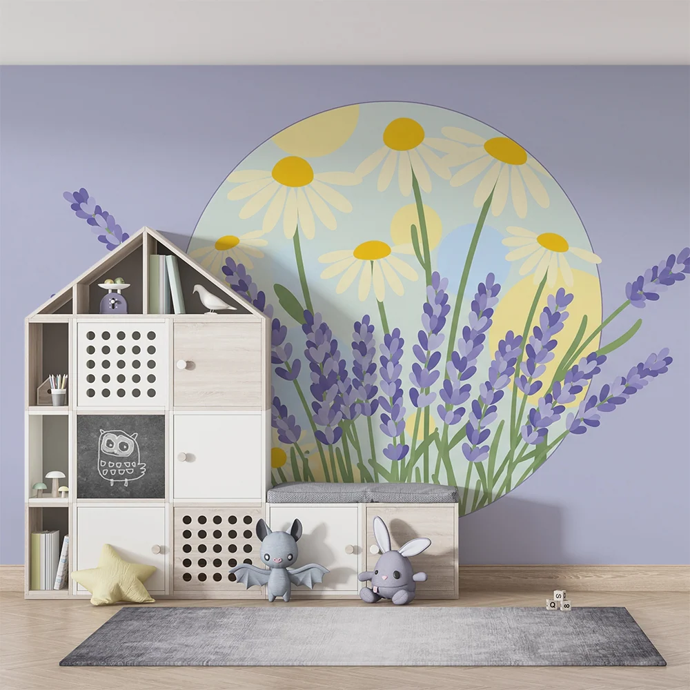 Tapet barnerom | Lavendelblomster og tusenfryd på lilla bakgrunn