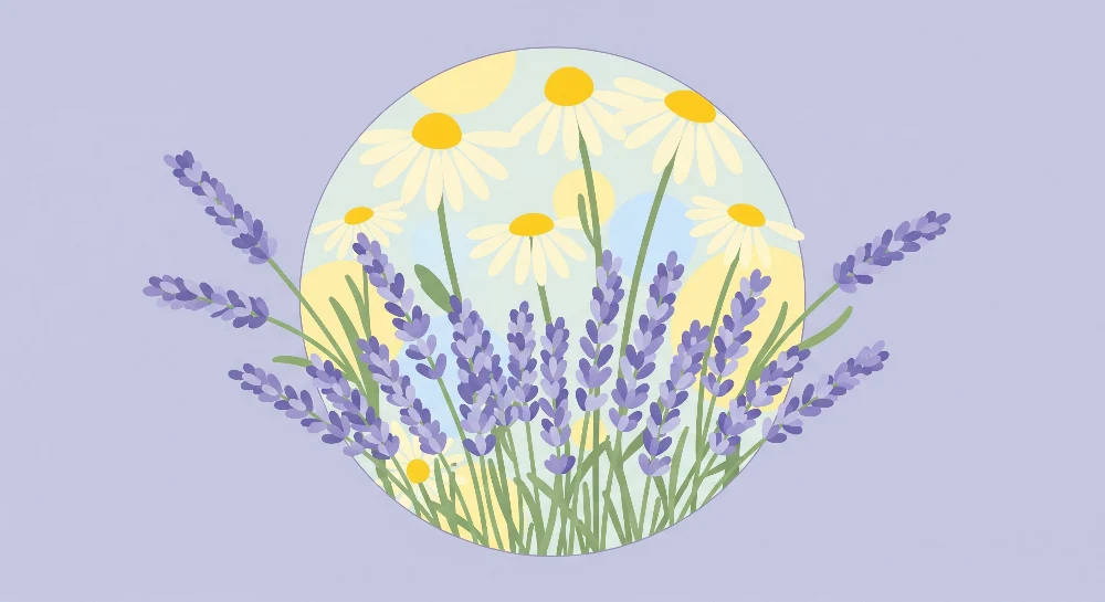 Tapet barnerom | Lavendelblomster og tusenfryd på lilla bakgrunn