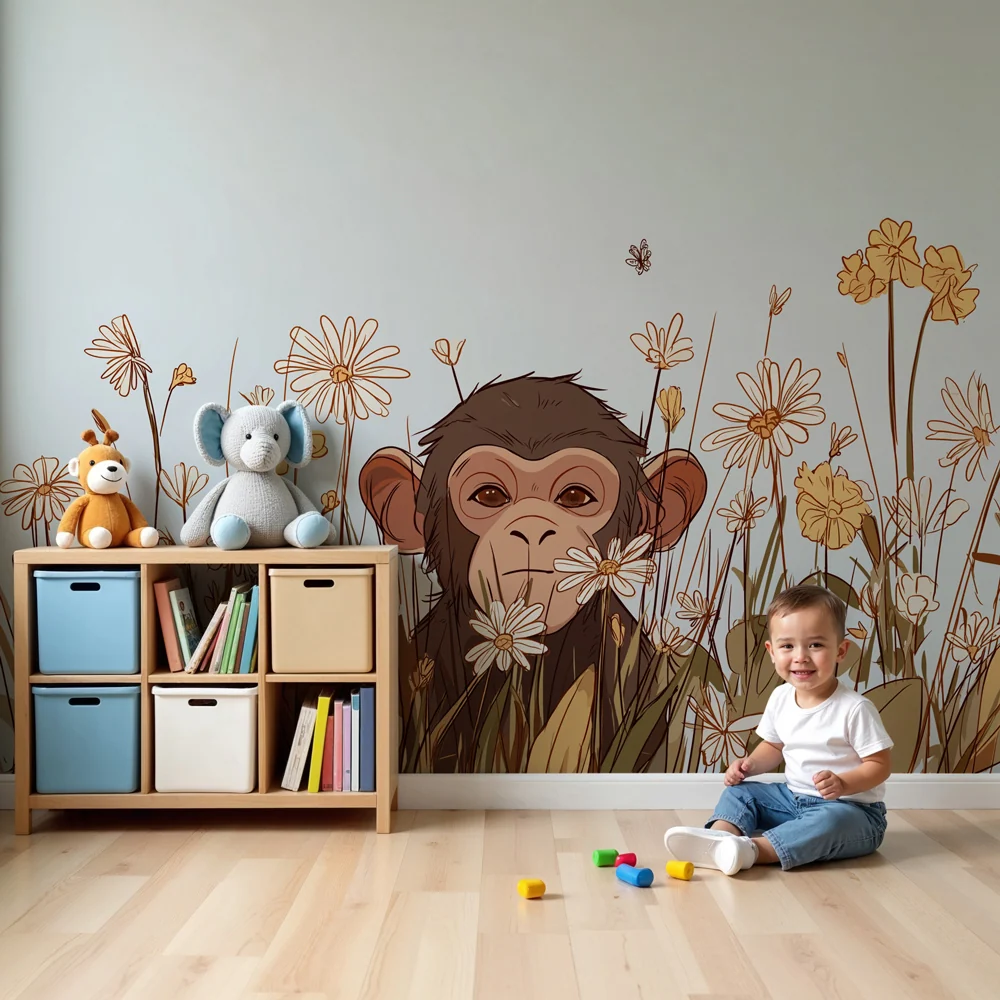 Tapet barnerom | Leken ape midt blant blomstene