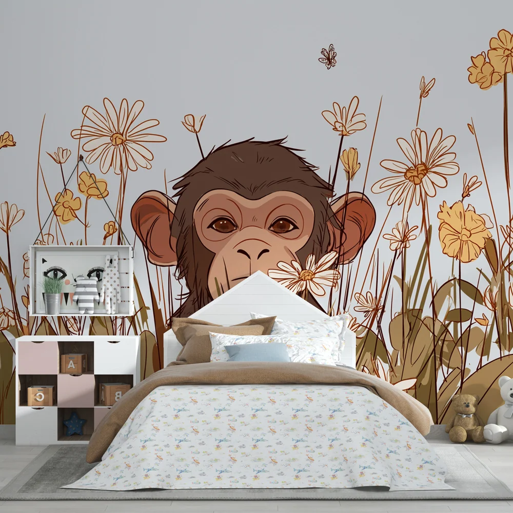 Tapet barnerom | Leken ape midt blant blomstene
