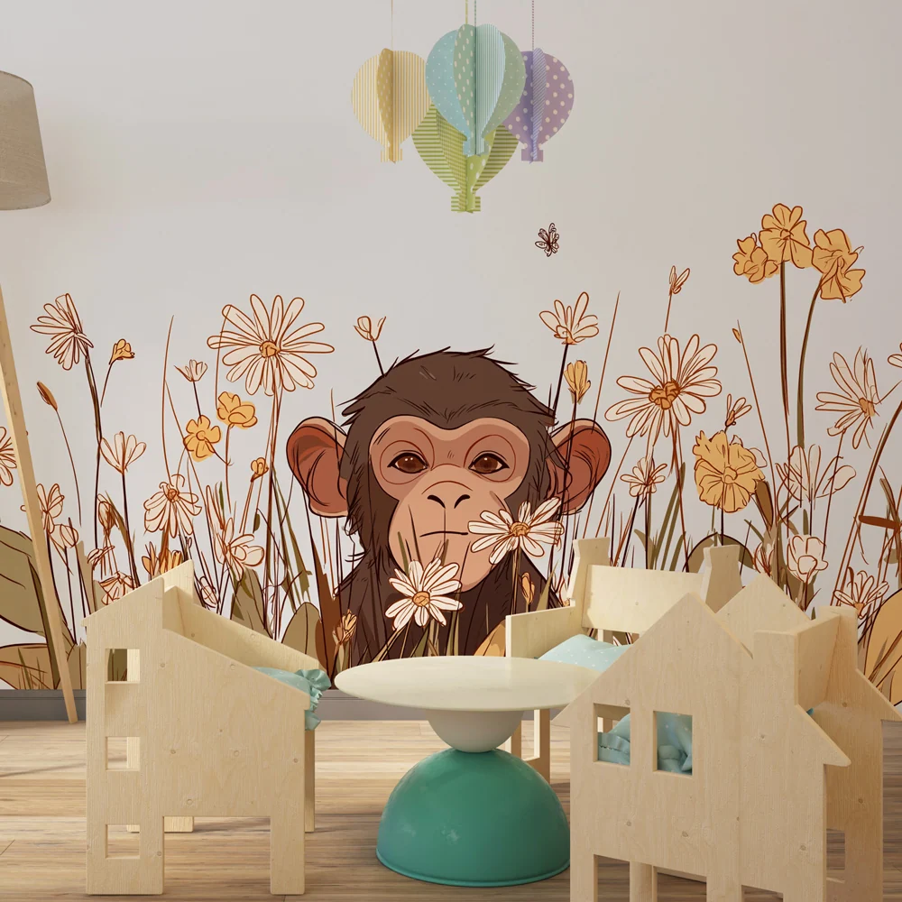 Tapet barnerom | Leken ape midt blant blomstene