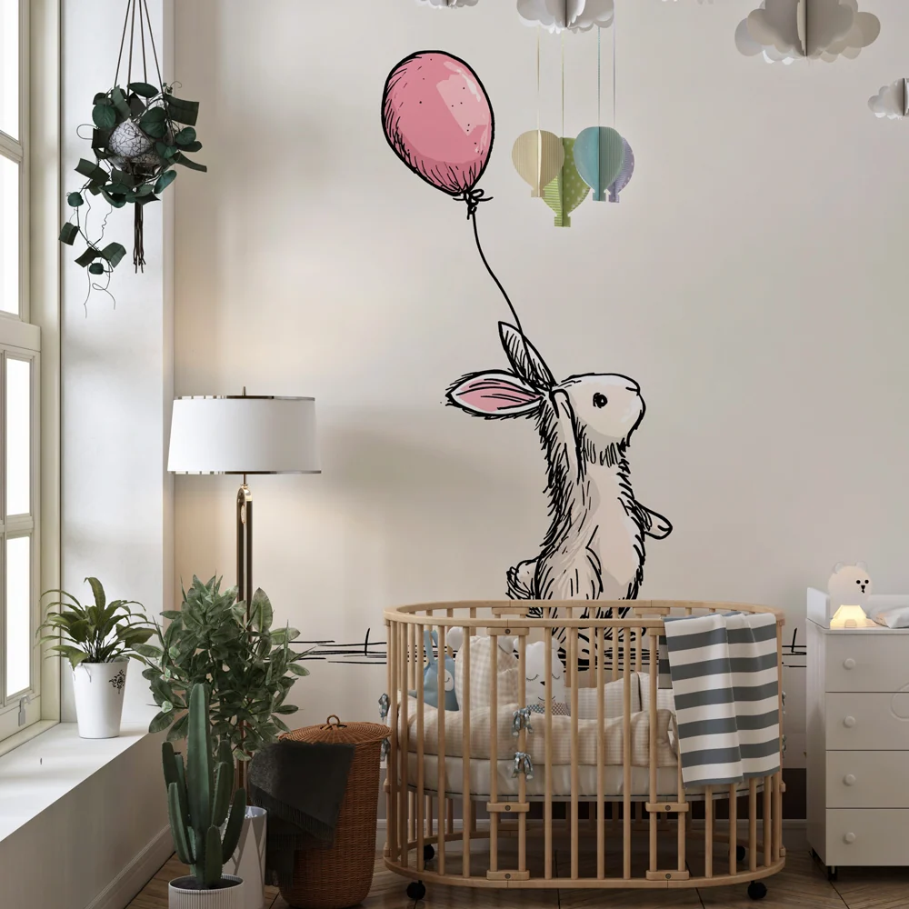 Tapet barnerom | Leken kanin med rosa ballong