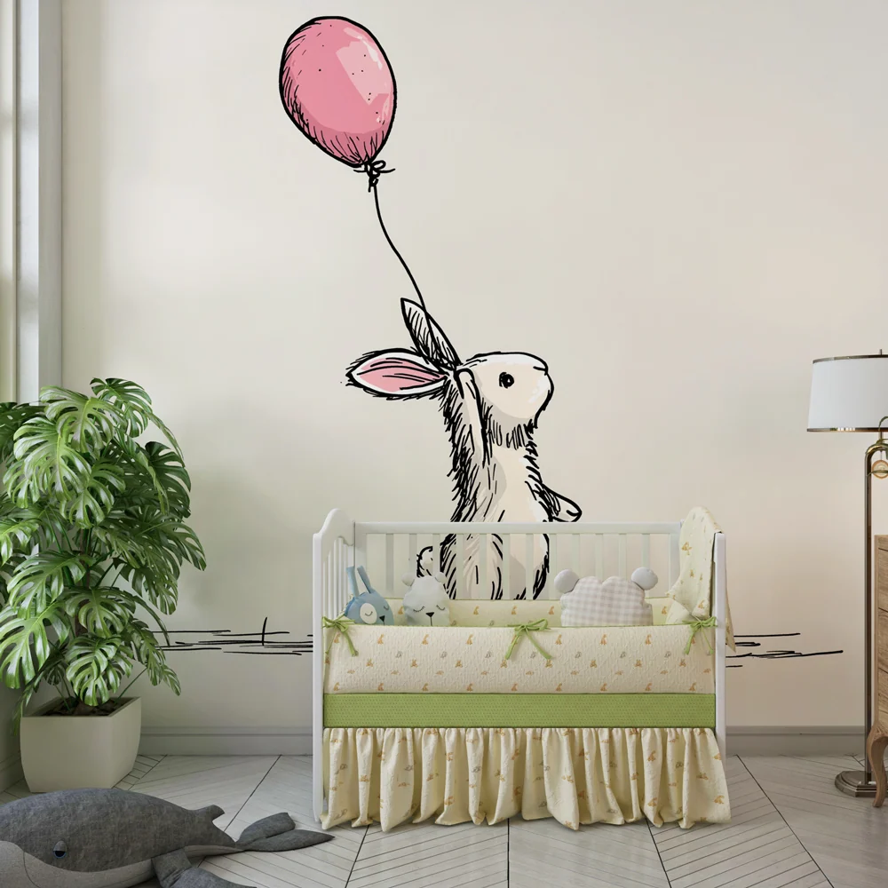 Tapet barnerom | Leken kanin med rosa ballong