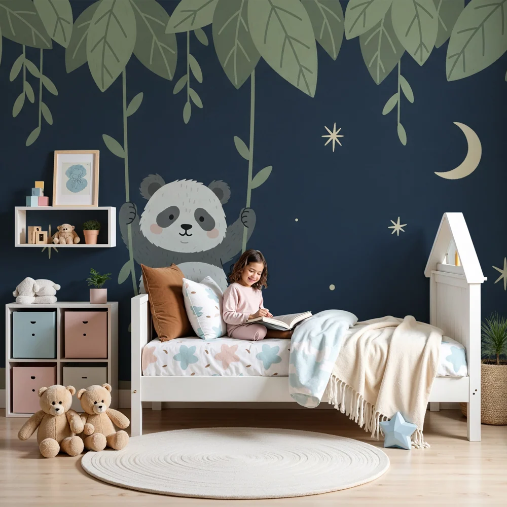 Tapet barnerom | Leken panda under stjernene
