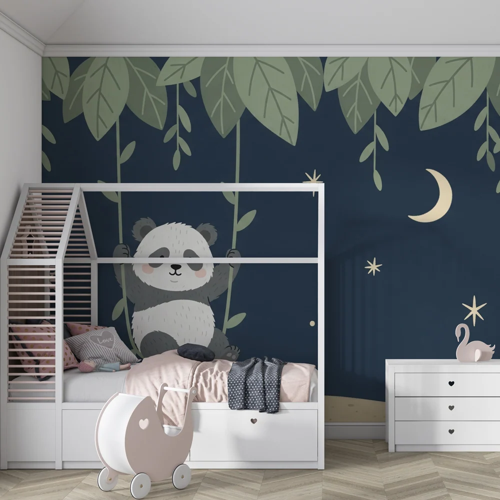 Tapet barnerom | Leken panda under stjernene