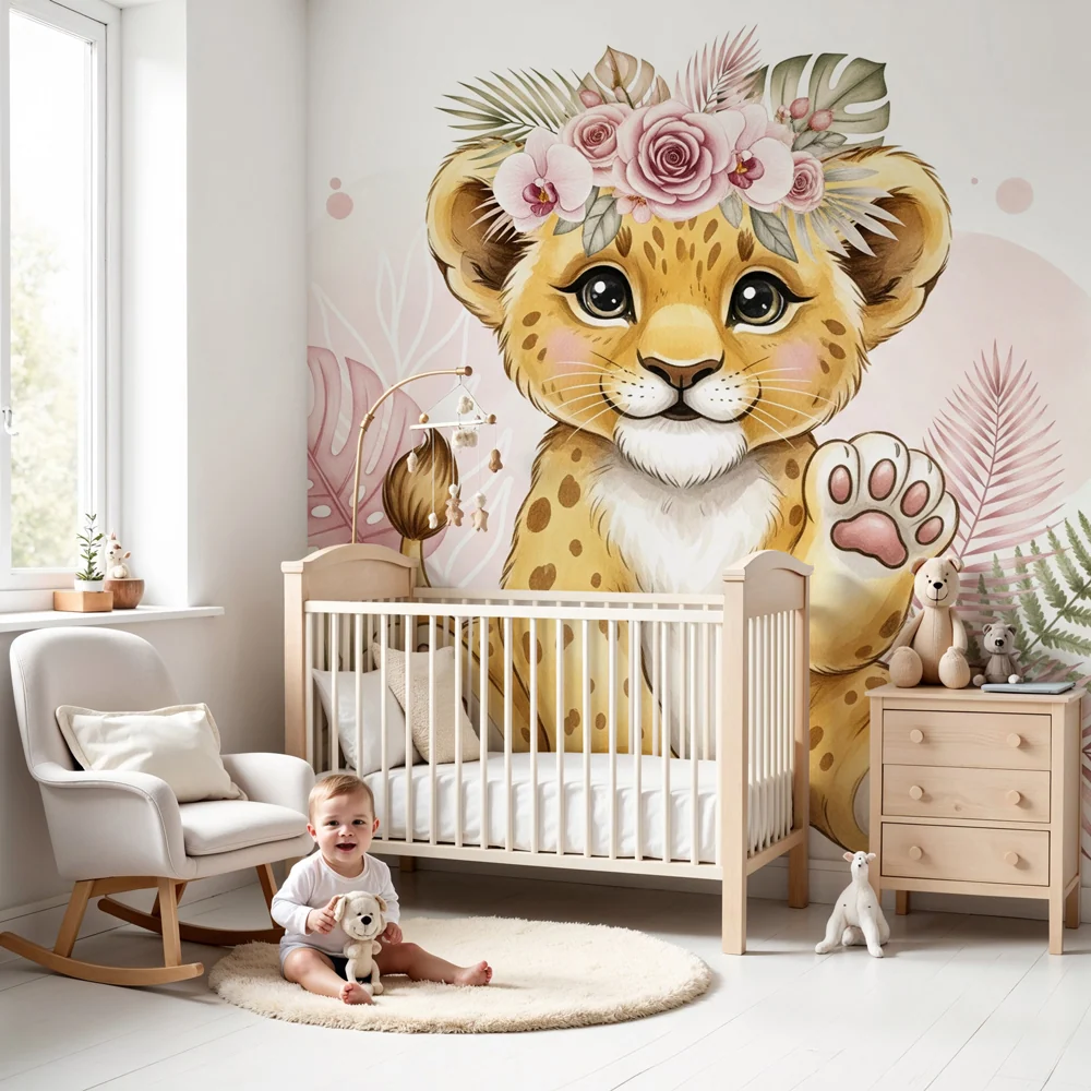 Tapet barnerom | Søt leopardunge med blomster