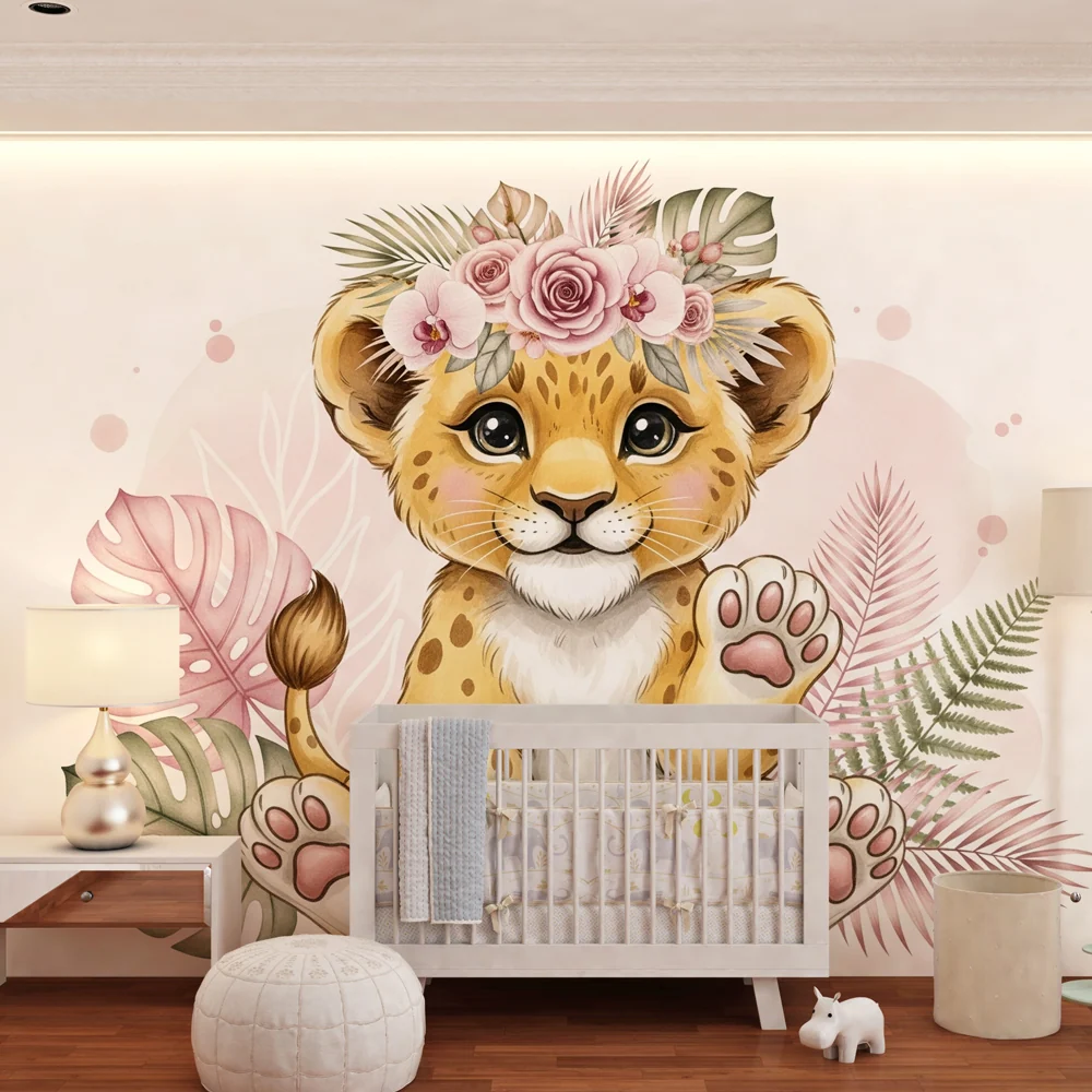 Tapet barnerom | Søt leopardunge med blomster