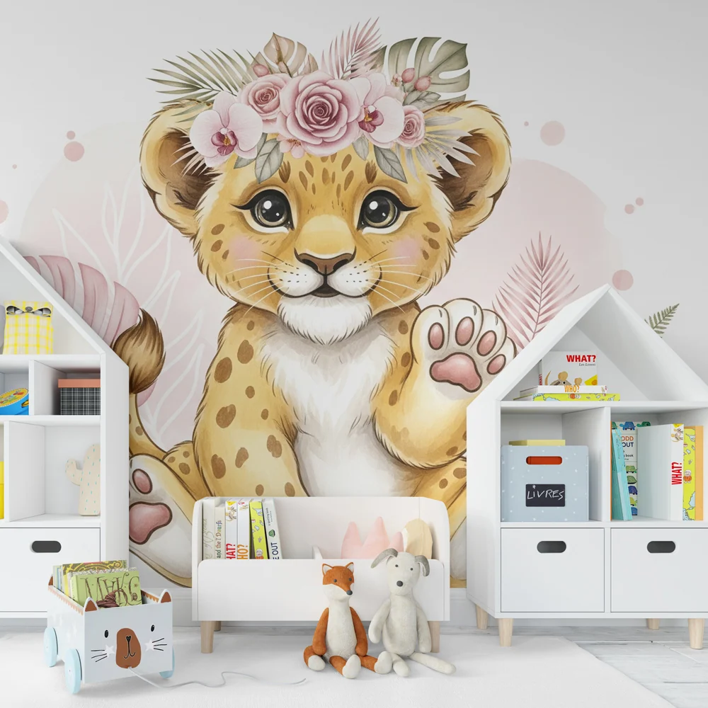 Tapet barnerom | Søt leopardunge med blomster