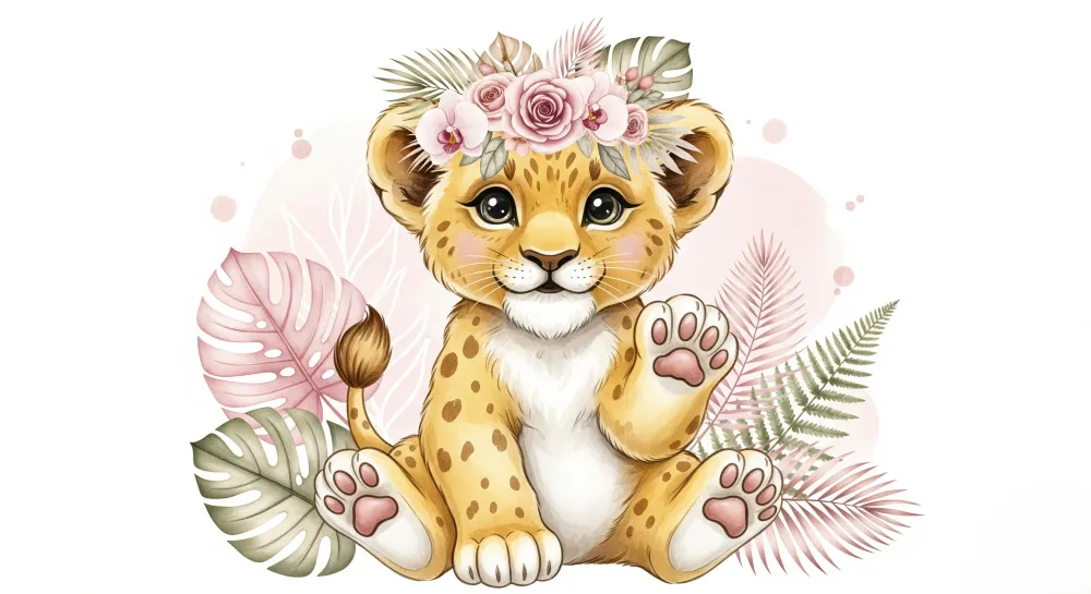 Tapet barnerom | Søt leopardunge med blomster