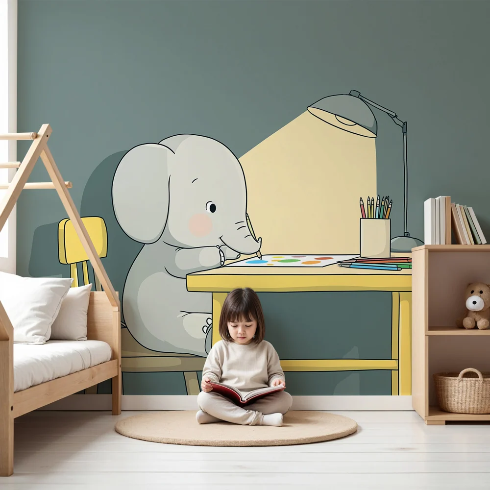 Tapet barnerom | Liten elefant som kunstner i gresset
