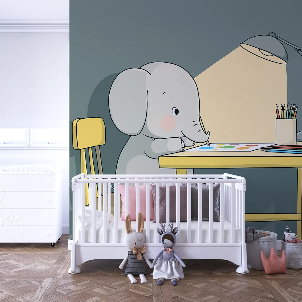 Tapet barnerom | Liten elefant som kunstner i gresset