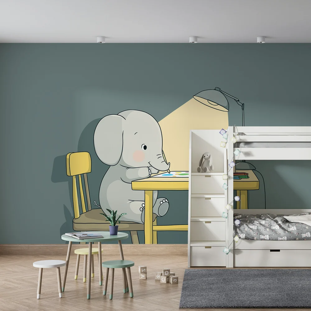 Tapet barnerom | Liten elefant som kunstner i gresset