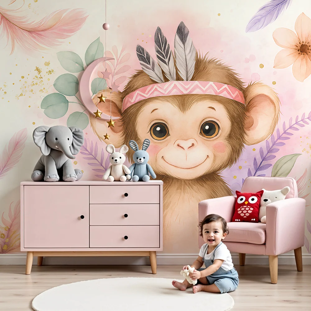 Tapet barnerom | Liten glad ape og blomstermotiver
