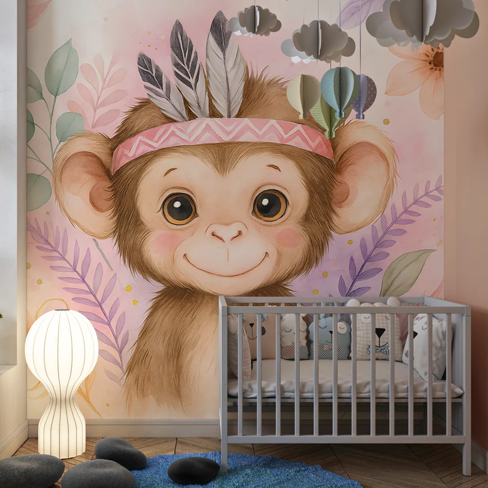 Tapet barnerom | Liten glad ape og blomstermotiver