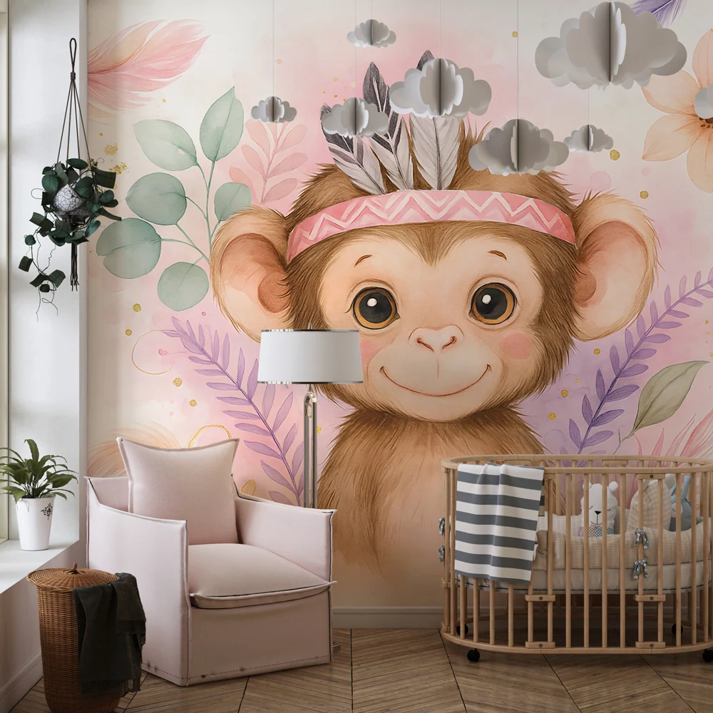 Tapet barnerom | Liten glad ape og blomstermotiver