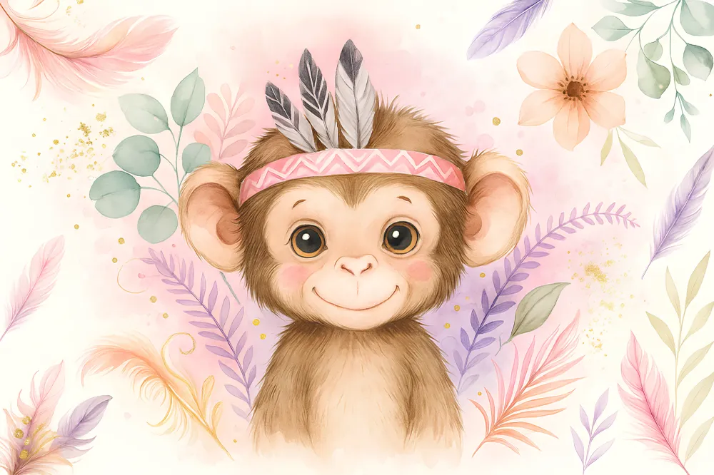 Tapet barnerom | Liten glad ape og blomstermotiver