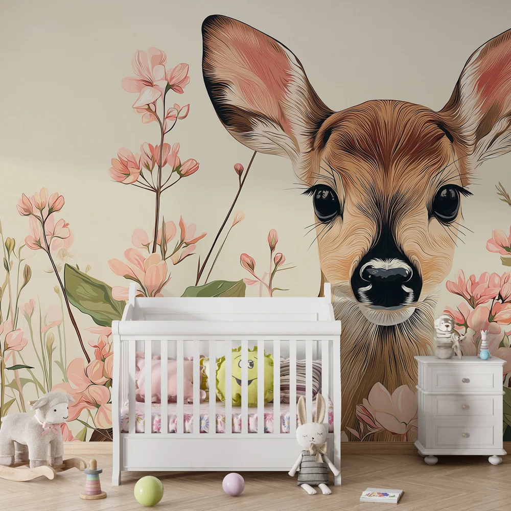Tapet barnerom | Liten hjort og delikate blomster