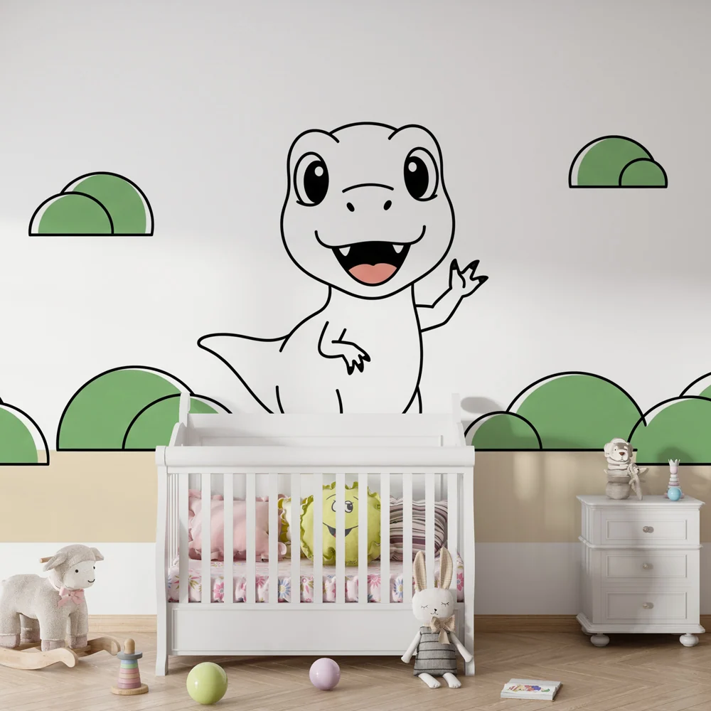 Tapet barnerom | Liten morsom dinosaurus i et lekent landskap