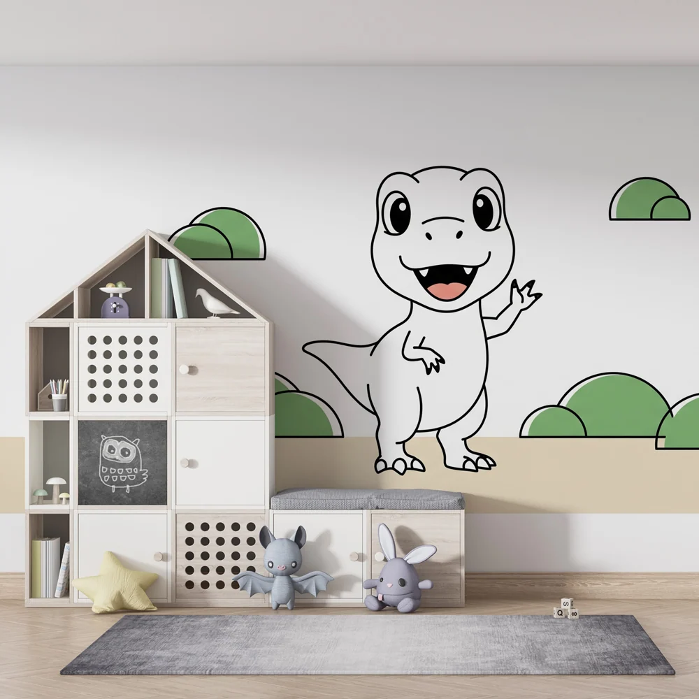 Tapet barnerom | Liten morsom dinosaurus i et lekent landskap