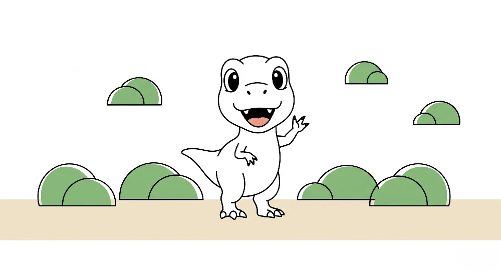Tapet barnerom | Liten morsom dinosaurus i et lekent landskap