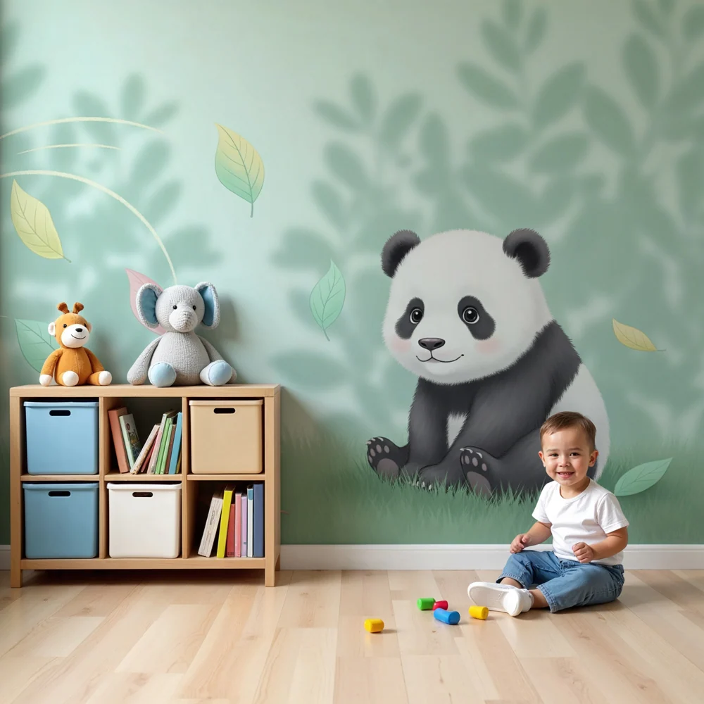 Tapet barnerom | Liten panda i en verden av fargerike blader