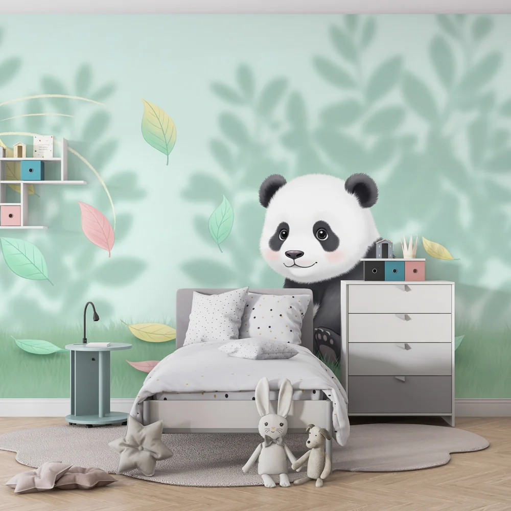 Tapet barnerom | Liten panda i en verden av fargerike blader