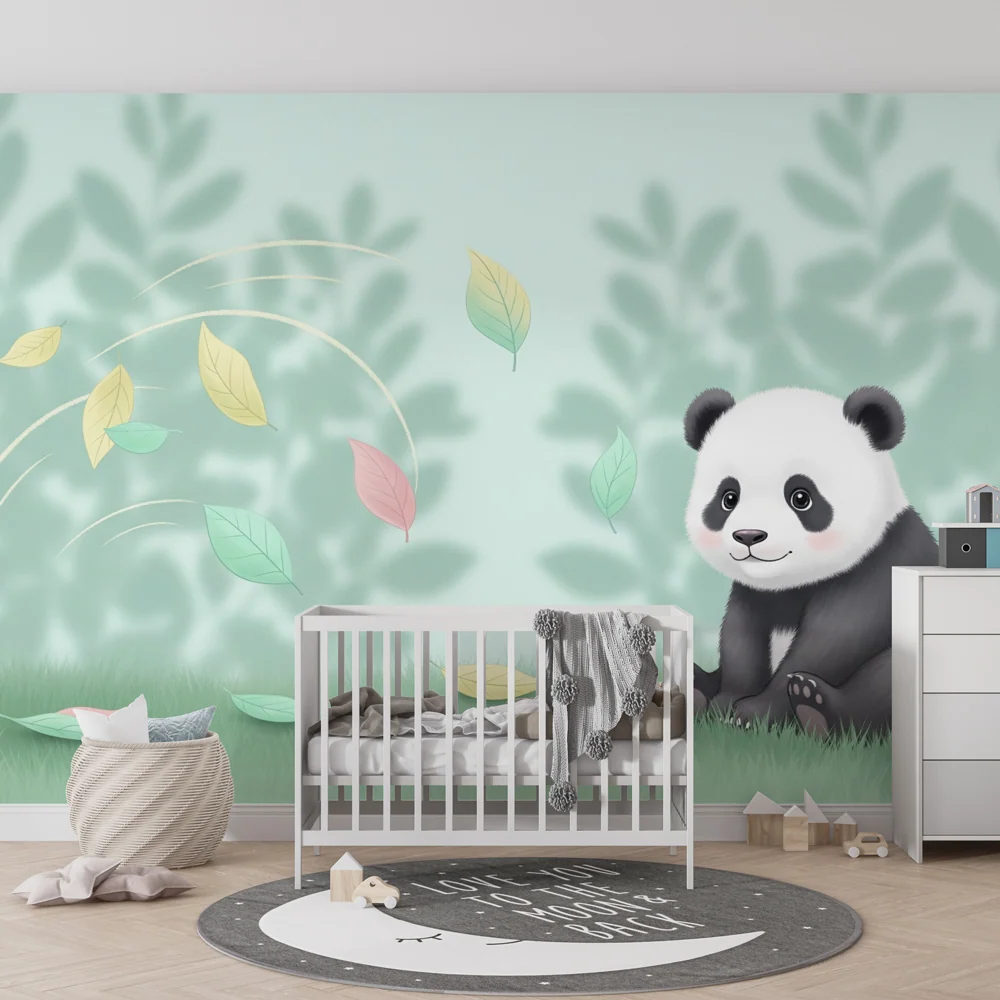 Tapet barnerom | Liten panda i en verden av fargerike blader