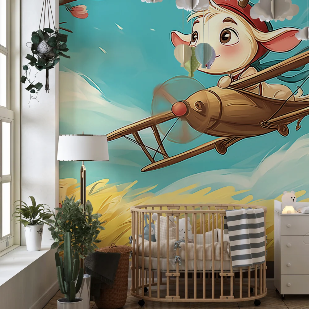 Tapet barnerom | Liten pilot i en blomstrende himmel