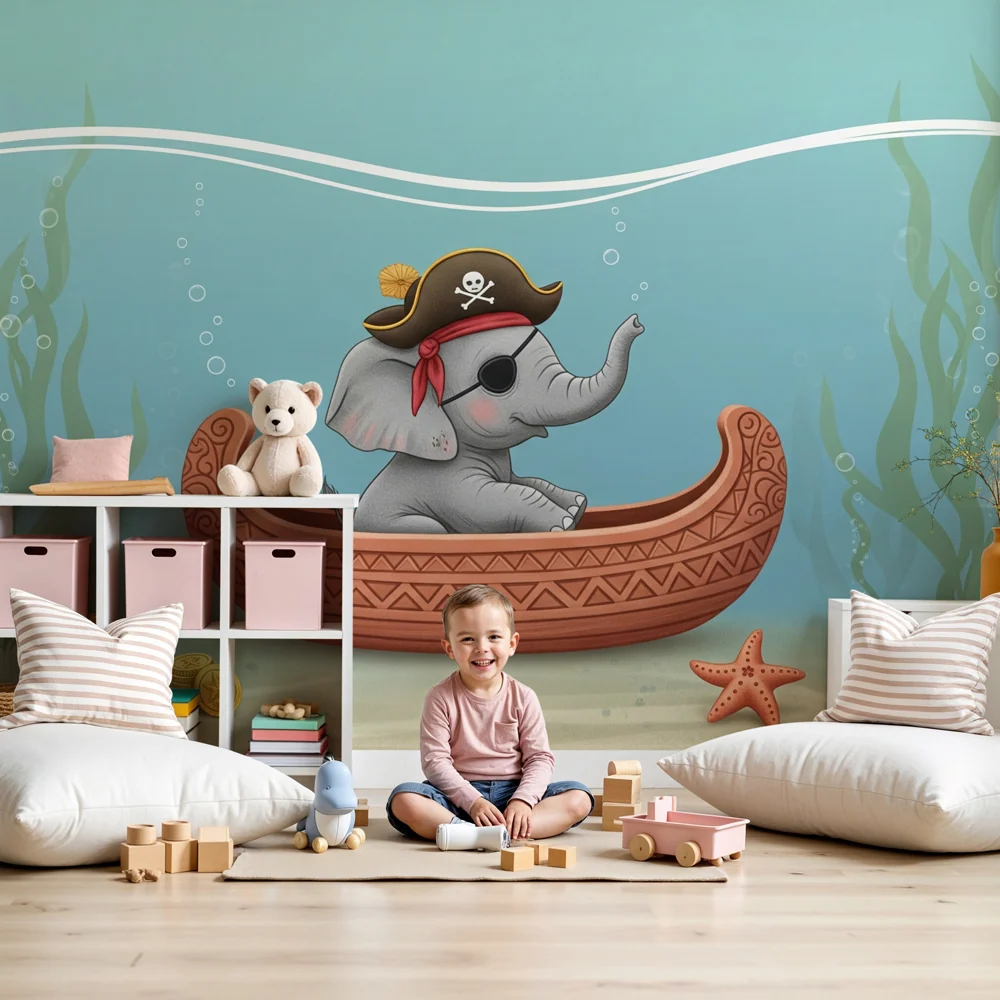 Tapet barnerom | Liten piratelv med elefant under vann