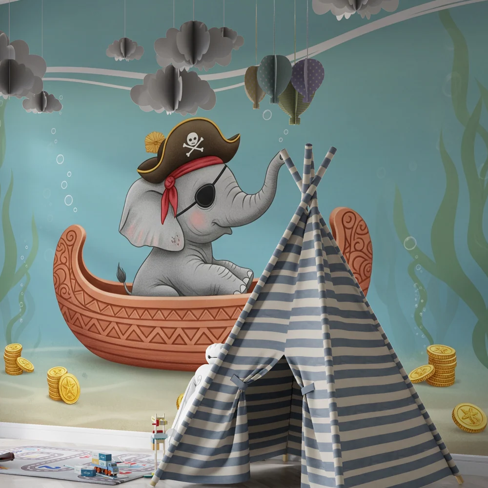 Tapet barnerom | Liten piratelv med elefant under vann