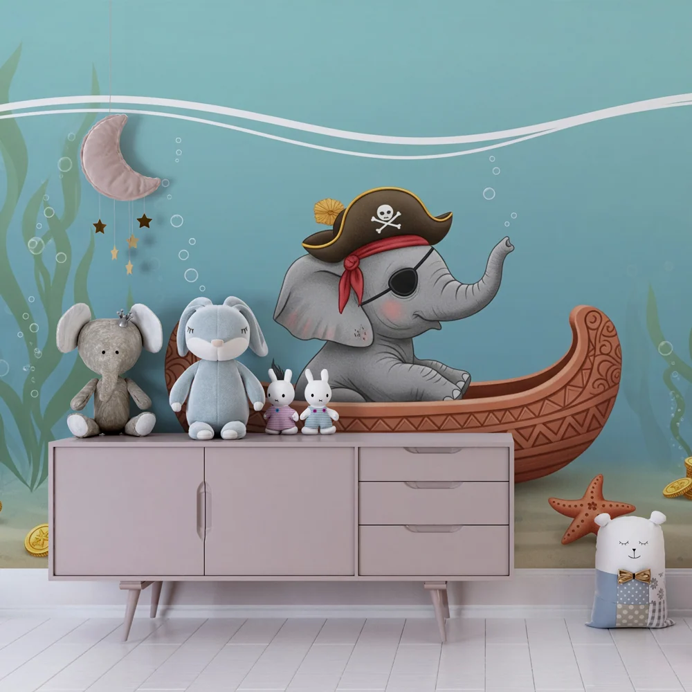 Tapet barnerom | Liten piratelv med elefant under vann