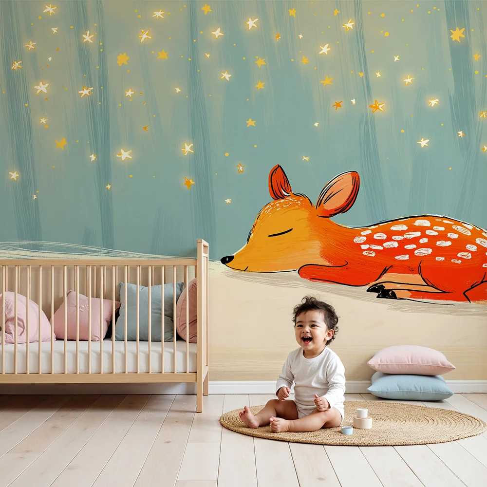 Tapet barnerom | Liten sovende fawn under stjernene