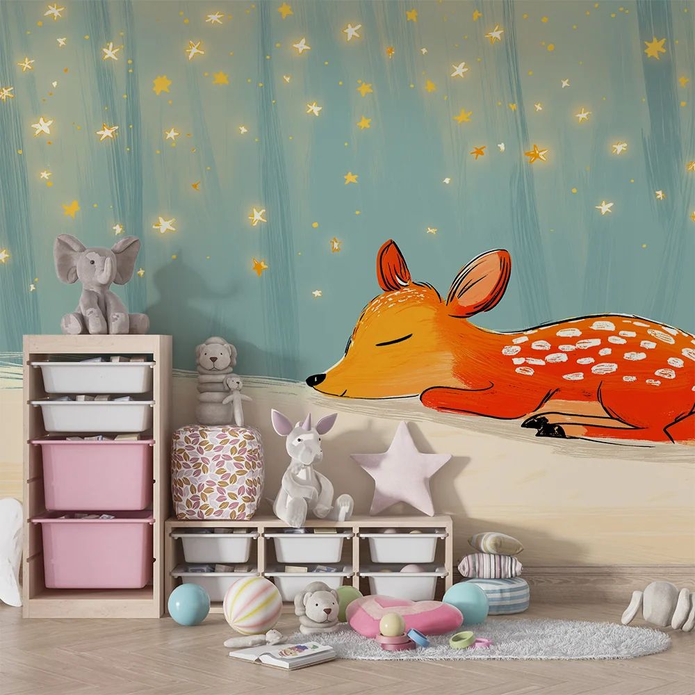 Tapet barnerom | Liten sovende fawn under stjernene