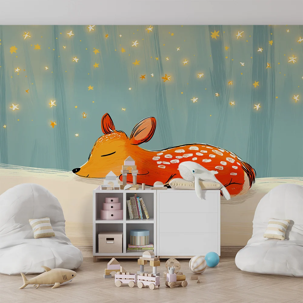 Tapet barnerom | Liten sovende fawn under stjernene