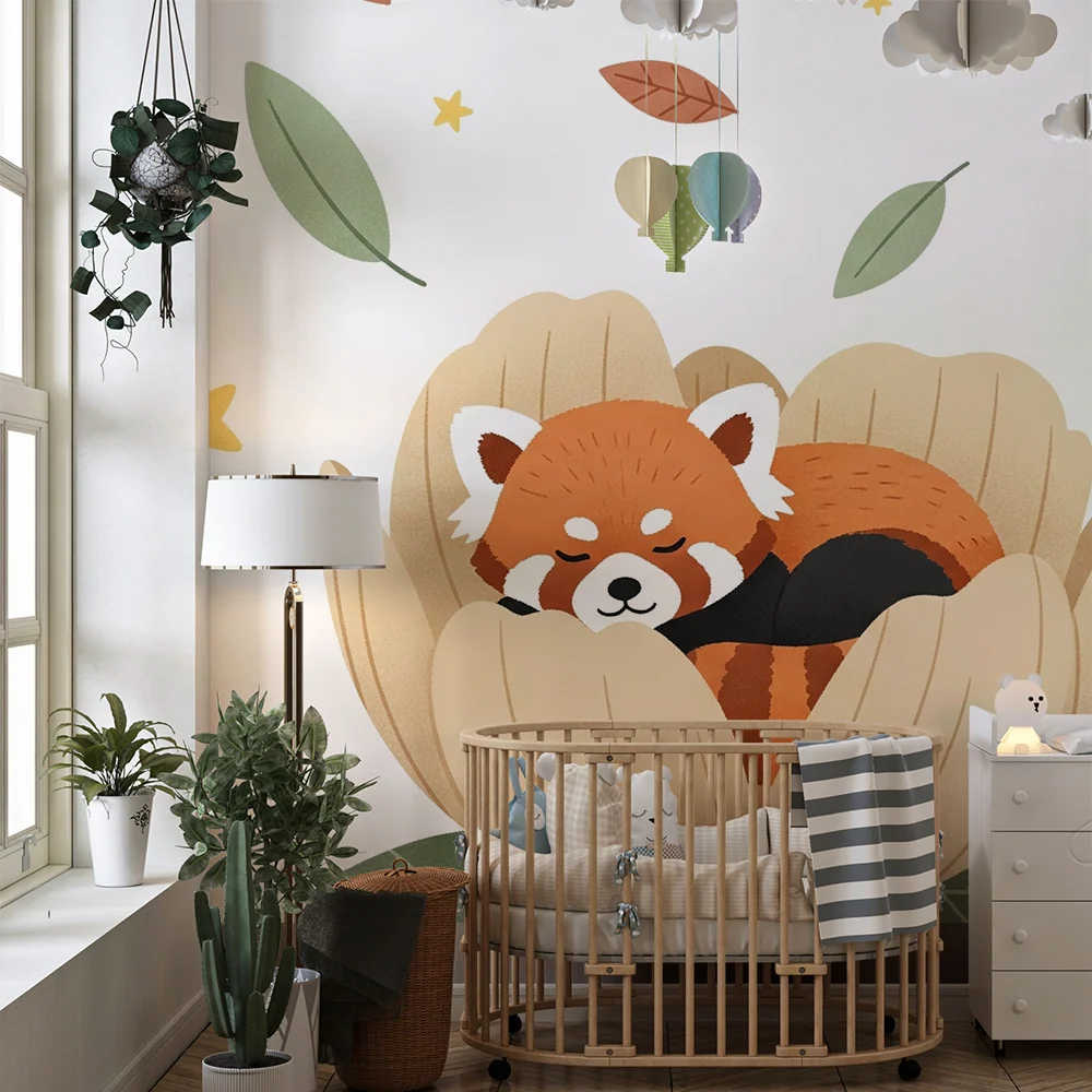 Tapet barnerom | Liten sovende panda i en blomst