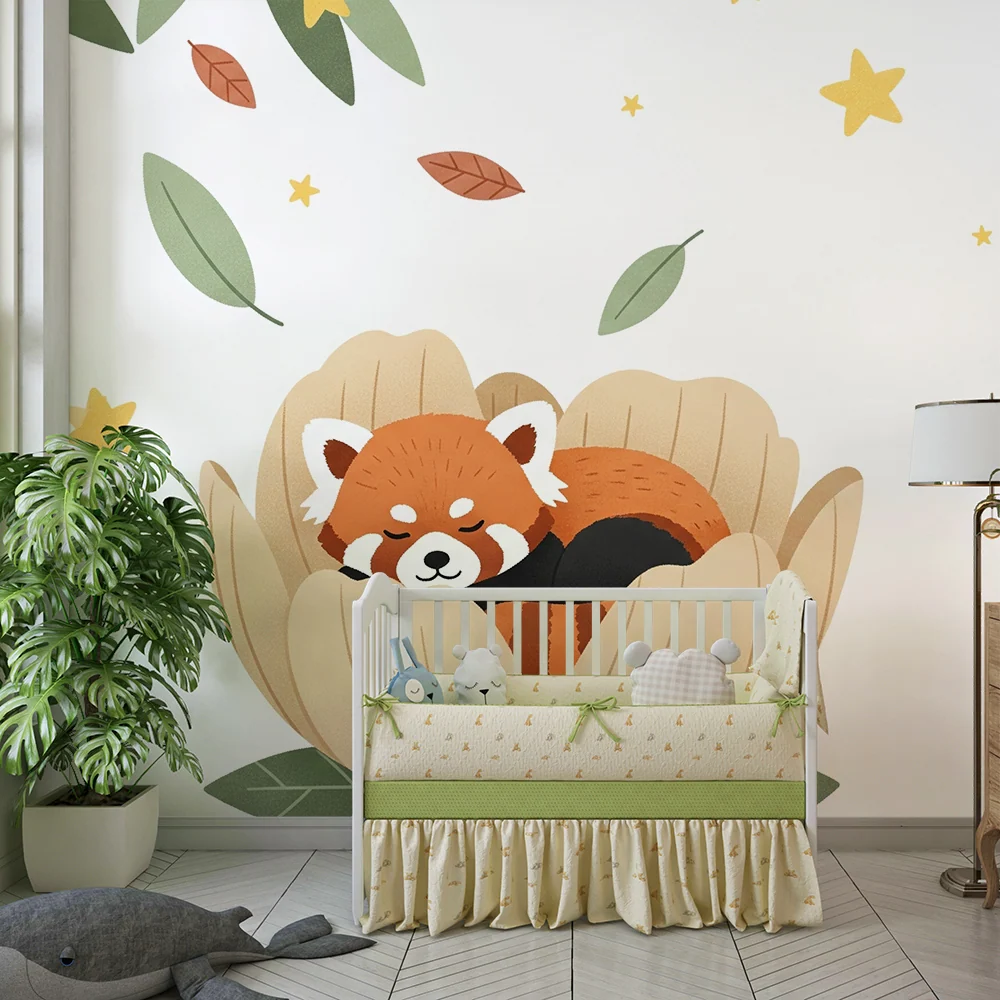 Tapet barnerom | Liten sovende panda i en blomst