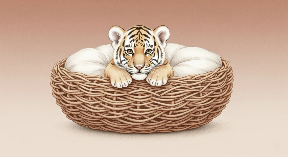Tapet barnerom | Liten tiger i sitt koselige rede terrakottafarget bakgrunn