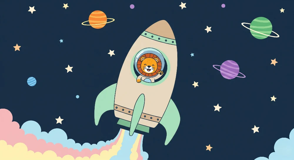 Tapet barnerom | Løve astronaut og fargerike planeter