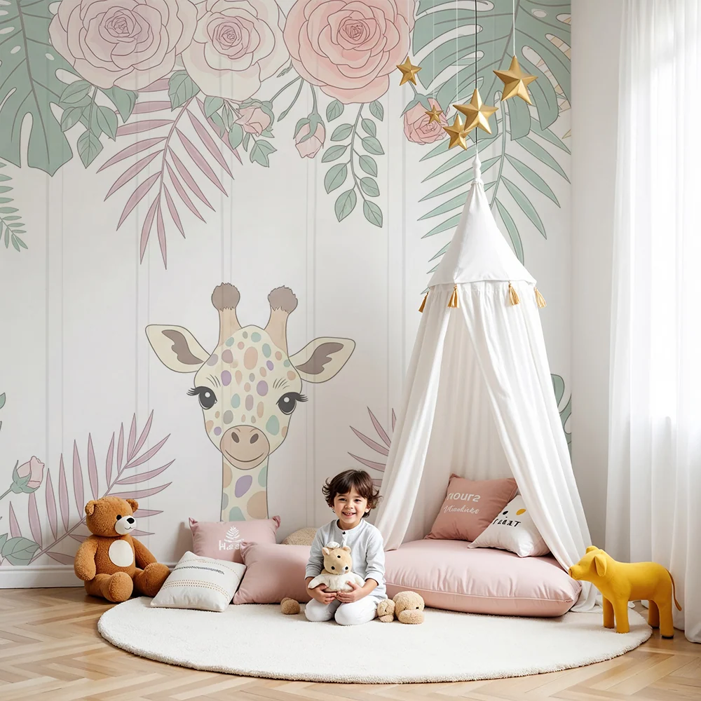 Tapet barnerom | Lykkelig giraff og delikate blomster