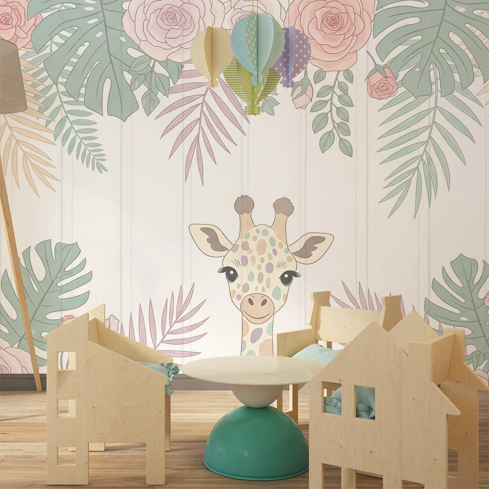 Tapet barnerom | Lykkelig giraff og delikate blomster