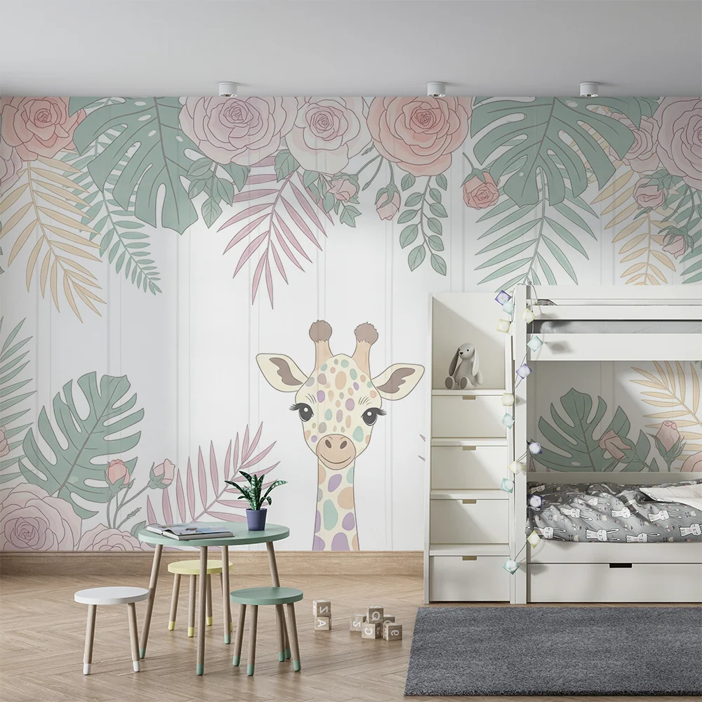 Tapet barnerom | Lykkelig giraff og delikate blomster