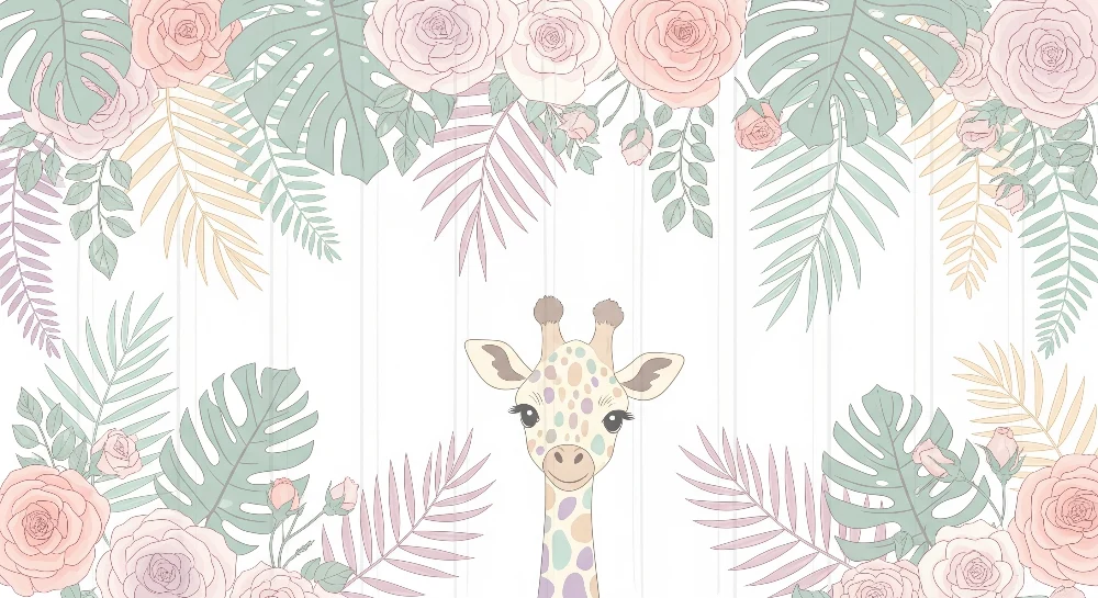 Tapet barnerom | Lykkelig giraff og delikate blomster