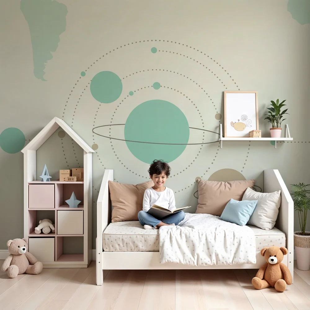 Tapet barnerom | Minimalistisk univers og fargerike planeter
