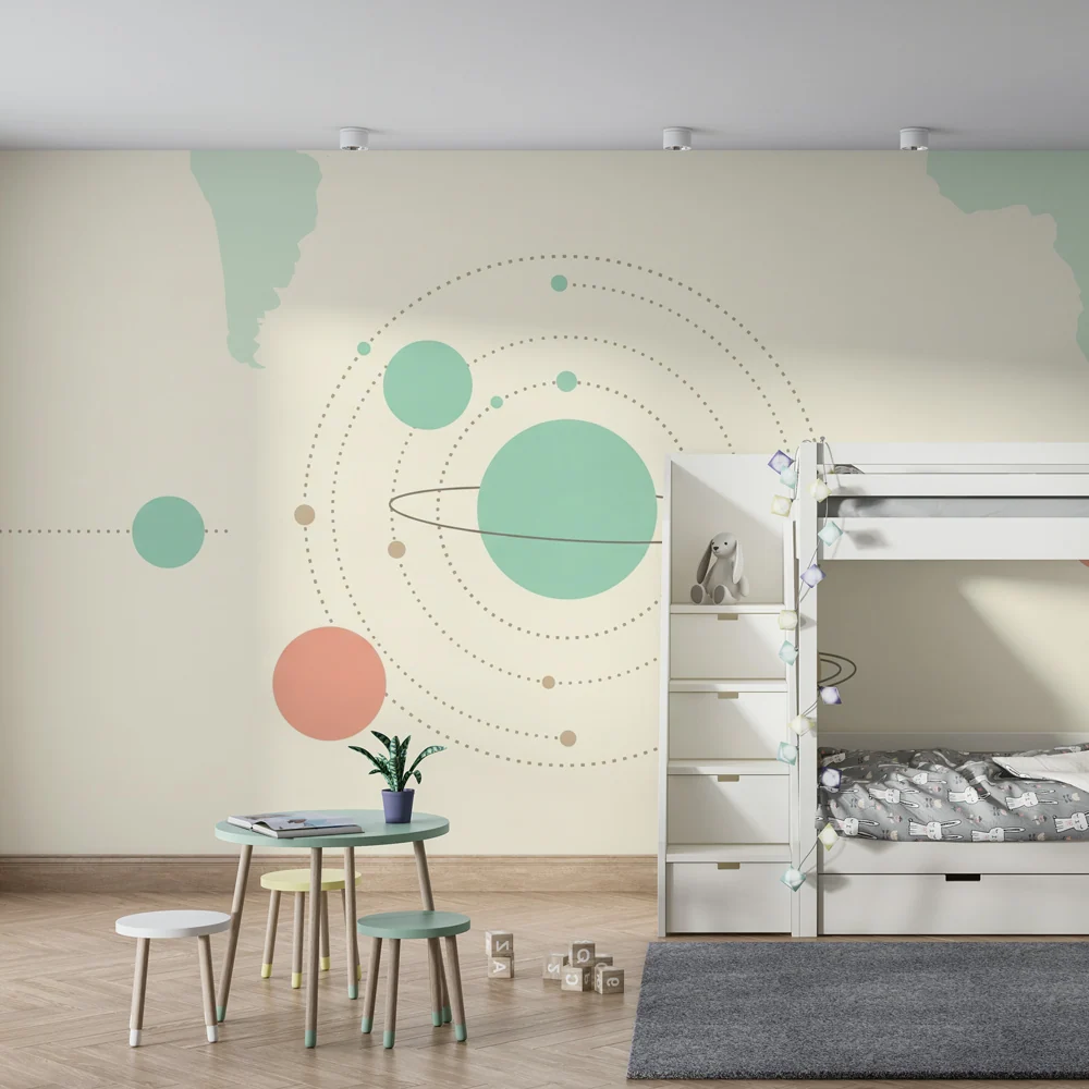 Tapet barnerom | Minimalistisk univers og fargerike planeter